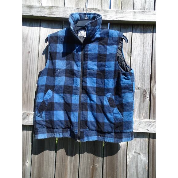 Vtg Woodland Blue Black Plaid Cotton Flannel Vest Mens L Faded Grunge Workwear - Picture 1 of 7